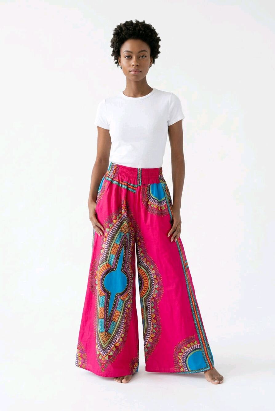 Kayra Imports Cotton Wide Leg Palazzo Pants S/M Pink Dashiki African Print Boho